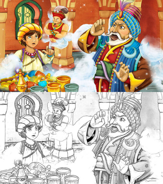 cartoon sketch scene with medieval arabic room with treasures and prince and sorcerer - far east ornaments - the stage for different usage - illustration for children