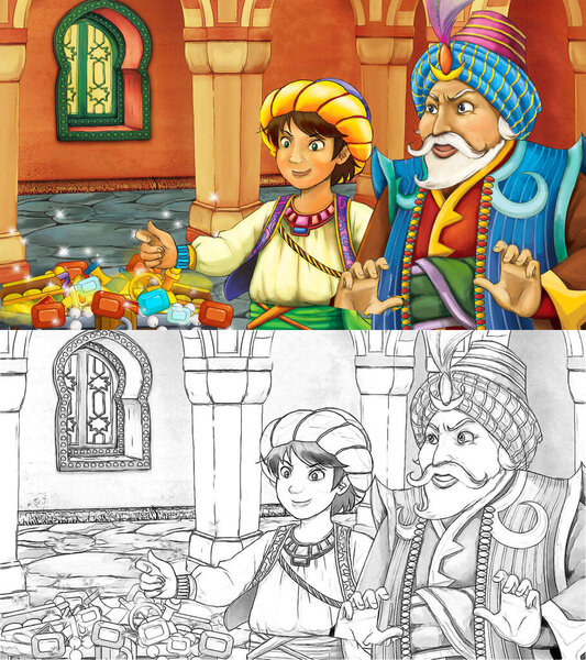 cartoon sketch scene with medieval arabic room with treasures and prince or king - far east ornaments - the stage for different usage - illustration for children