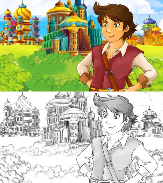 Ortaçağ Arap krallığının prensi ya da kralının seyahat ettiği karikatür sahnesi - uzak doğu süsleri - çocuklar için farklı kullanım sahnesi - illüstrasyon