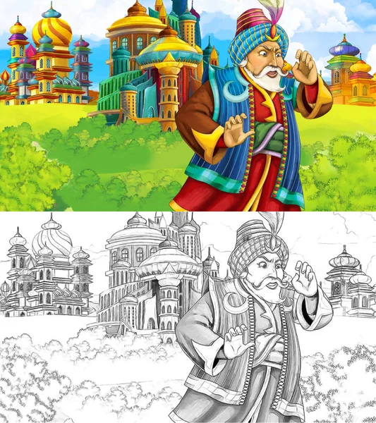 Ortaçağ Arap krallığının prensi ya da kralının seyahat ettiği karikatür sahnesi - uzak doğu süsleri - çocuklar için farklı kullanım sahnesi - illüstrasyon