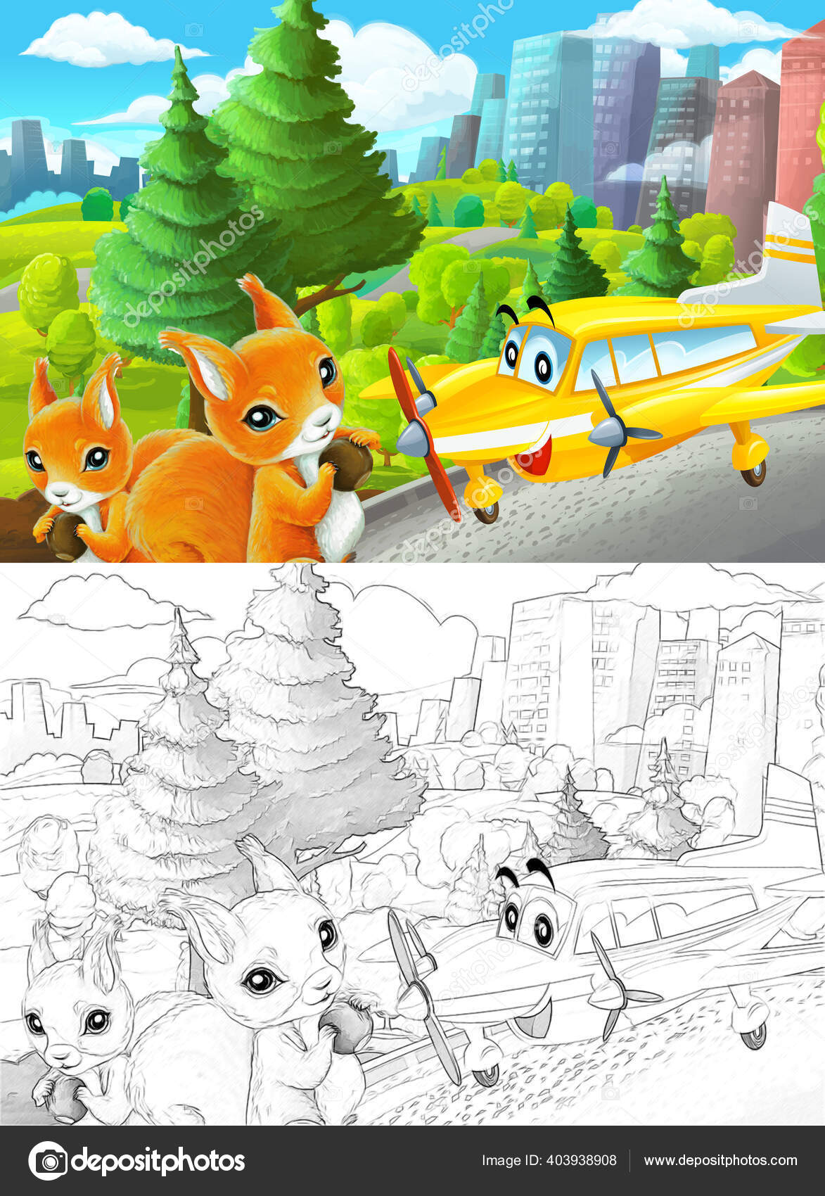 Adegan Kartun Dengan Sketsa Taman Luar Kota Dengan Ilustrasi Penerbangan Stok Foto Illustrator Hft 403938908