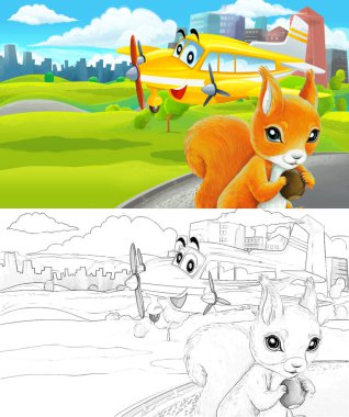 Çizim yapılan karikatür sahnesi şehrin dışındaki parkta çocuklar için özel uçak resimli.