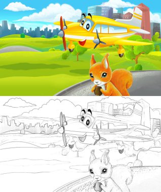 Çizim yapılan karikatür sahnesi şehrin dışındaki parkta çocuklar için özel uçak resimli.