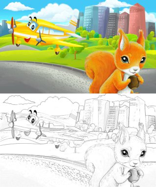 Çizim yapılan karikatür sahnesi şehrin dışındaki parkta çocuklar için özel uçak resimli.