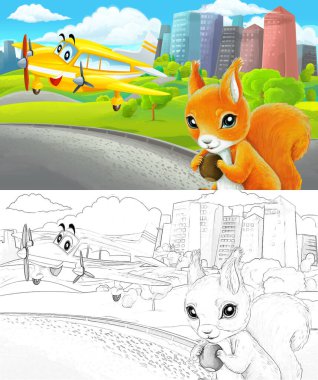 Çizim yapılan karikatür sahnesi şehrin dışındaki parkta çocuklar için özel uçak resimli.