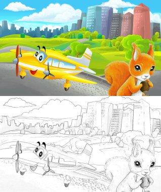 Çizim yapılan karikatür sahnesi şehrin dışındaki parkta çocuklar için özel uçak resimli.