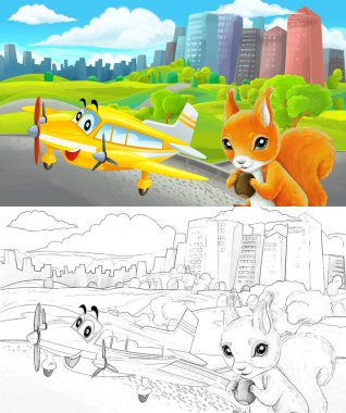 Çizim yapılan karikatür sahnesi şehrin dışındaki parkta çocuklar için özel uçak resimli.