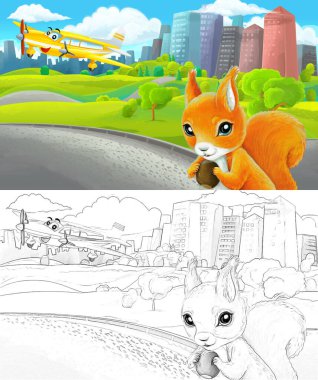 Çizim yapılan karikatür sahnesi şehrin dışındaki parkta çocuklar için özel uçak resimli.