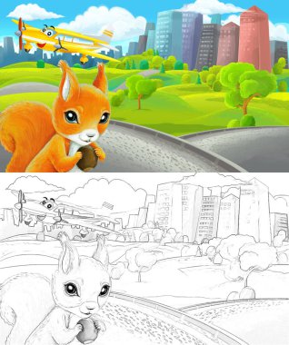 Çizim yapılan karikatür sahnesi şehrin dışındaki parkta çocuklar için özel uçak resimli.