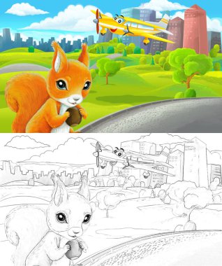 Çizim yapılan karikatür sahnesi şehrin dışındaki parkta çocuklar için özel uçak resimli.