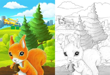 Çizim yapılan karikatür sahnesi şehrin dışındaki parkta çocuklar için özel uçak resimli.