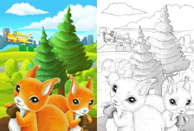 Çizim yapılan karikatür sahnesi şehrin dışındaki parkta çocuklar için özel uçak resimli.