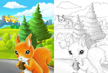 Çizim yapılan karikatür sahnesi şehrin dışındaki parkta çocuklar için özel uçak resimli.