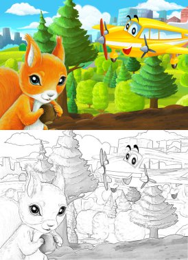 Çizim yapılan karikatür sahnesi şehrin dışındaki parkta çocuklar için özel uçak resimli.