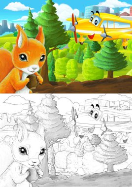 Çizim yapılan karikatür sahnesi şehrin dışındaki parkta çocuklar için özel uçak resimli.