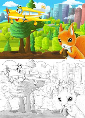 Çizim yapılan karikatür sahnesi şehrin dışındaki parkta çocuklar için özel uçak resimli.