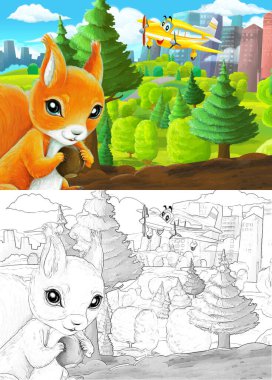 Çizim yapılan karikatür sahnesi şehrin dışındaki parkta çocuklar için özel uçak resimli.