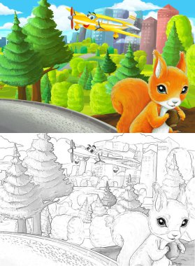 Çizim yapılan karikatür sahnesi şehrin dışındaki parkta çocuklar için özel uçak resimli.