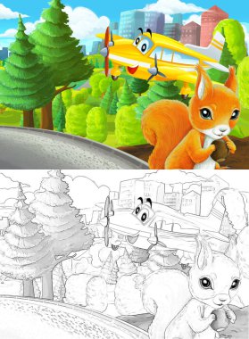 Çizim yapılan karikatür sahnesi şehrin dışındaki parkta çocuklar için özel uçak resimli.