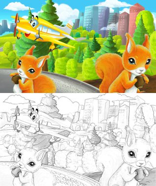 Çizim yapılan karikatür sahnesi şehrin dışındaki parkta çocuklar için özel uçak resimli.