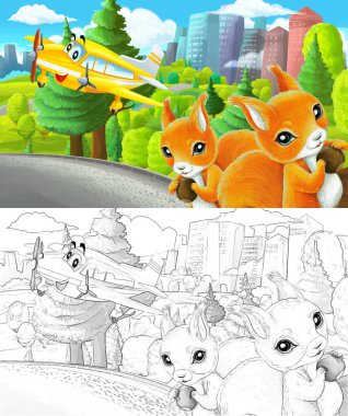 Çizim yapılan karikatür sahnesi şehrin dışındaki parkta çocuklar için özel uçak resimli.