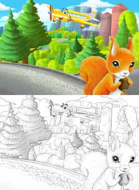 Çizim yapılan karikatür sahnesi şehrin dışındaki parkta çocuklar için özel uçak resimli.