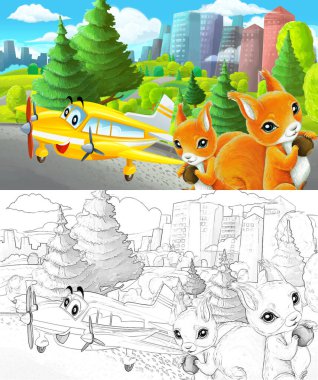 Çizim yapılan karikatür sahnesi şehrin dışındaki parkta çocuklar için özel uçak resimli.