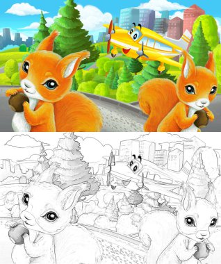 Çizim yapılan karikatür sahnesi şehrin dışındaki parkta çocuklar için özel uçak resimli.