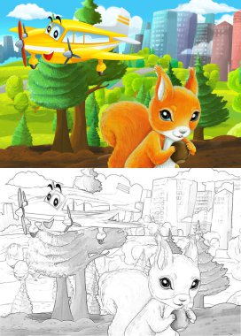 Çizim yapılan karikatür sahnesi şehrin dışındaki parkta çocuklar için özel uçak resimli.