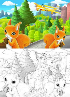 Çizim yapılan karikatür sahnesi şehrin dışındaki parkta çocuklar için özel uçak resimli.