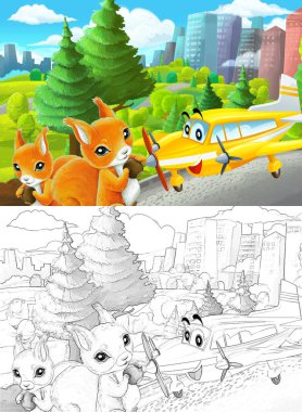 Çizim yapılan karikatür sahnesi şehrin dışındaki parkta çocuklar için özel uçak resimli.