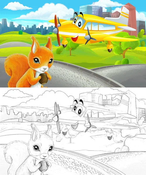 cartoon scene with sketch in park outside the city with private plane flying illustration for children