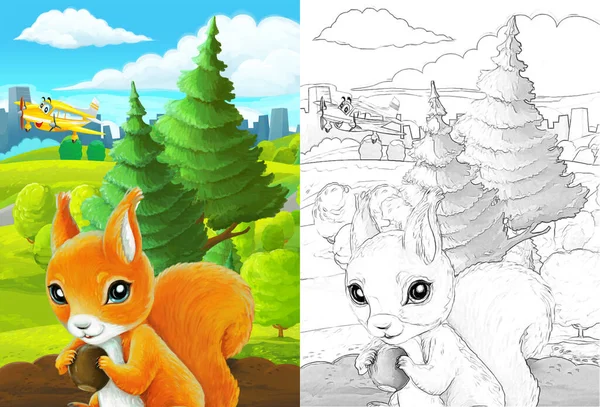 Çizim yapılan karikatür sahnesi şehrin dışındaki parkta çocuklar için özel uçak resimli.