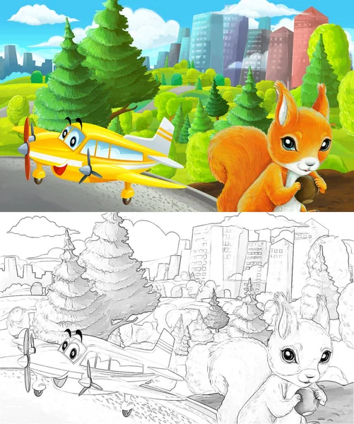 cartoon scene with sketch in park outside the city with private plane flying illustration for children