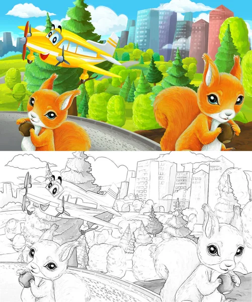 Çizim yapılan karikatür sahnesi şehrin dışındaki parkta çocuklar için özel uçak resimli.