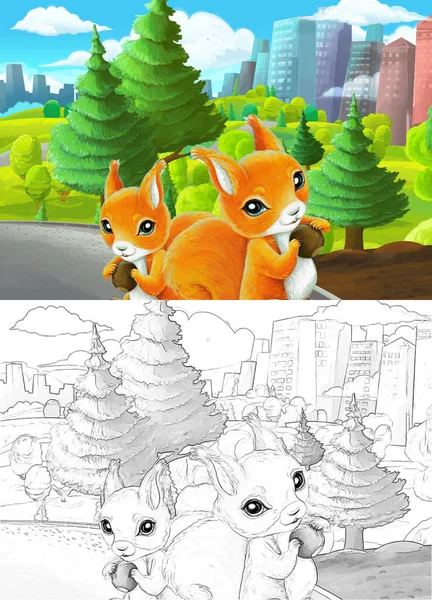 cartoon scene with sketch in park outside the city illustration for children