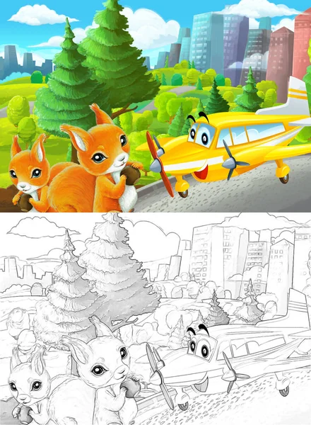 cartoon scene with sketch in park outside the city with private plane flying illustration for children