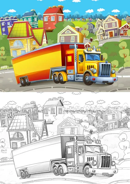 Cartoon Schets Vrolijke Lading Vrachtwagen Met Trailer Rijden Door Stad — Stockfoto