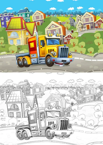 Desenho Animado Esboço Caminhão Carga Feliz Sem Reboque Dirigindo Pela — Fotografia de Stock