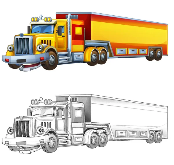 Zeichentricksketch Happy Cargo Truck Mit Anhänger Illustration Für Kinder — Stockfoto