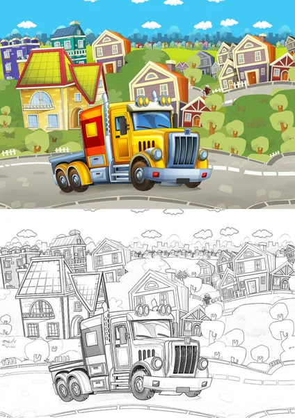 cartoon sketch happy cargo truck with trailer driving through the city - illustration for children
