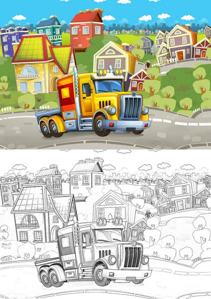 市内を走るトレーラー付きの漫画スケッチ幸せな貨物トラック 子供のためのイラスト — ストック写真