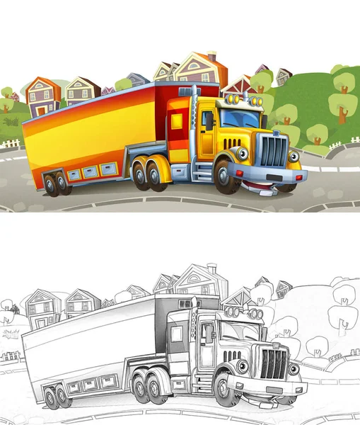 Dessin Animé Croquis Camion Cargo Heureux Sans Remorque Conduite Travers — Photo