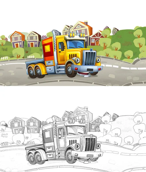 Cartoon Sketch Happy Cargo Truck Trailer Driving City Illustration Children — Stock Photo, Image