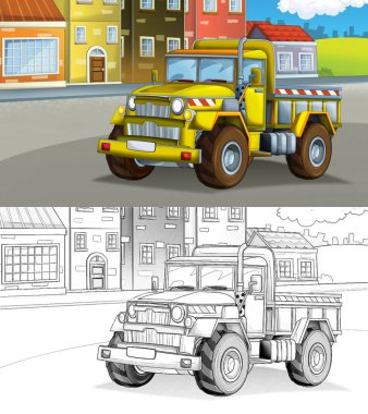 Karikatür çizimi şehirdeki caddede inşaat alanı arabası - çocuklar için çizim