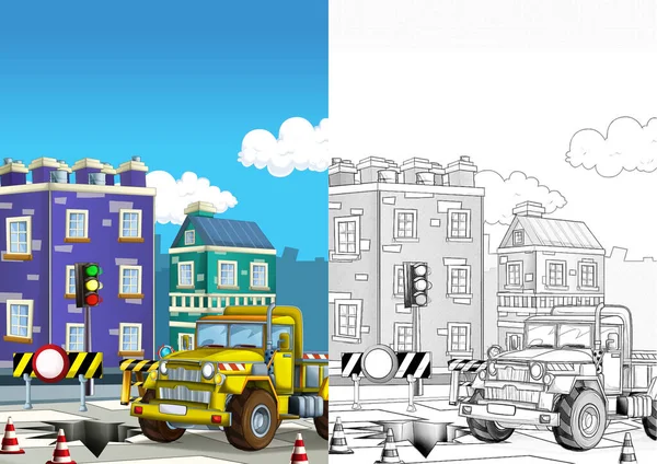 Dibujo Dibujos Animados Coche Construcción Calle Ciudad Ilustración Para Los — Foto de Stock