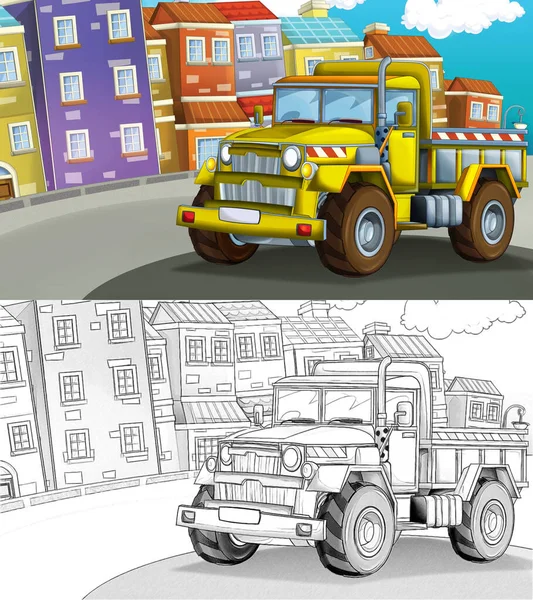Kreslený Náčrtek Staveniště Auto Ulici Městě Ilustrace Pro Děti — Stock fotografie