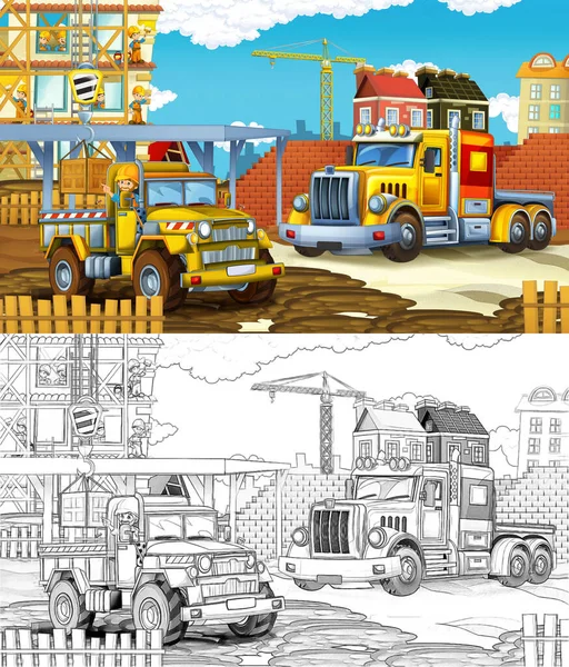 Rysunkowy Szkic Placu Budowy Samochodami Ilustracja Dla Dzieci — Zdjęcie stockowe