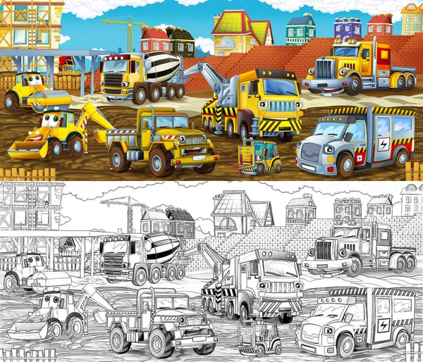 Dessin Animé Site Construction Avec Des Voitures Illustration Pour Enfants — Photo