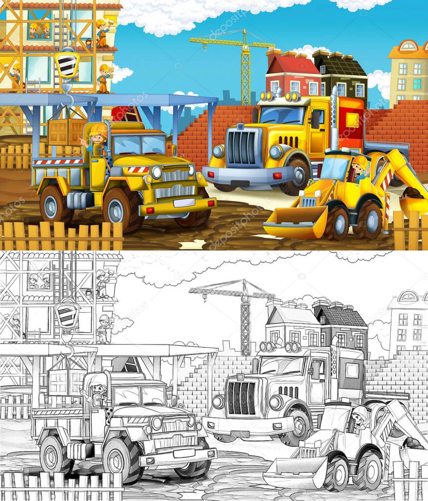 cartoon sketch construction site with cars - illustration for children